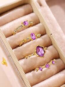 4pcs/Set Fashionable Exquisite Luxury High-End Unique Design Versatile Purple Rhinestone Gold Alloy Rings, Suitable As Gifts For Girlfriend, Wedding, Engagement - Multicolor - View 8