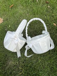 1 pieza/2 piezas Cesta de flores de boda de perlas falsas blancas - Cesta de flores con lazo blanco, Cesta de flores de satén, Adecuada para decoración de fiesta de boda, Regalos de Año Nuevo, Regalos decorativos