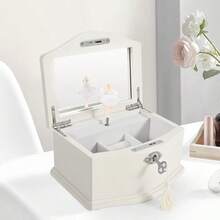 Wooden Medium White Musical Jewelry Box With Mirror And Lock For Girls Kid's Jewelry Storage Music BoxGifts For Christmas Birthday And All Holidays