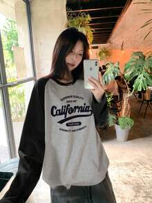 1pc Women's Casual Round Neck Letter Print Contrast Color Loose Fit Long Sleeve T-Shirt Top, Autumn Spring - Dark Gray - View 4