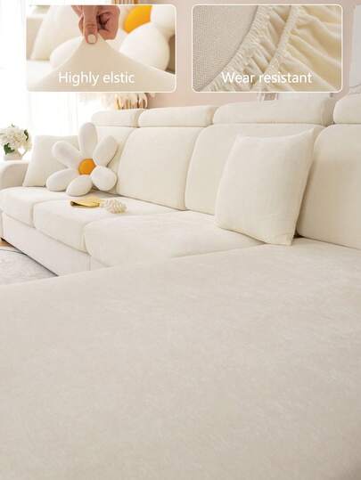 1pc Stretch Sofa Cover, Non-Slip Chenille Solid Color Full Coverage Sofa Seat Cover, Suitable For All Seasons, Washable, Dust-Proof, Pet-Friendly, Decor For Bedroom, Office, Living Room, Fit For Sectional Sofa And 1/2/3/4 Seater