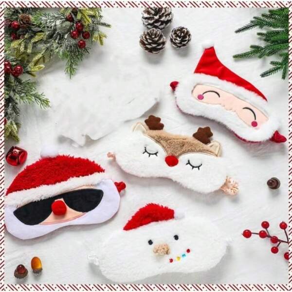 Máscara para dormir con diseños navideños de Papá Noel, muñeco de nieve, ciervos de dibujos animados, máscara para los ojos con diseño de cuernos de ciervo navideños