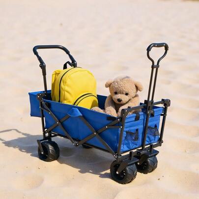 KOMHTOM Carretilla plegable con techo desmontable fabricada en tejido Oxford 600D, ruedas extragrandes, carretilla portátil con asas regulables y gran espacio de almacenamiento, para playa, jardín y deportes, fácil de usar, todoterreno, color azul.