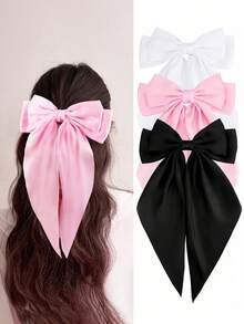 3个女士发夹，黑色蝴蝶结、白色蝴蝶结、粉色蝴蝶结、缎面蝴蝶结发夹、长尾蝴蝶结发夹、派对发饰、爪夹、学习用品、情人节配饰