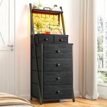 Multi-Functiona Nightstand 6 Storage Drawers Dresser With Wood Surface & Fabric Shelves Bedside Table For Bedroom, Office Or Hallway, Black - Xem 8