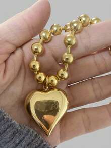 DareSee 1条8毫米不锈钢珠链项链，配大号金色心形吊坠，女士时尚首饰配饰，情人节、妈妈、母亲节礼物，适合音乐节、Y2K音乐节、返校季、秋冬季节等场合。 - 金色 - 查看 2