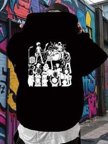 Men'S Casual Graphic Hoodie - Cherry Blossom & Band Print, Black Pullover With  Pocket, Y Spring & Fall Hooded Sweatshirt For Casual Attire,Fall Hoodies,Men's Fall Clothes,Street Wear,Halloween,Mens Hoodies,Y2k Clothes,Jesus Hoodie,Thanksgiving Day,Nightmare Before Christmas,Christmas - 黑色 - 查看 1