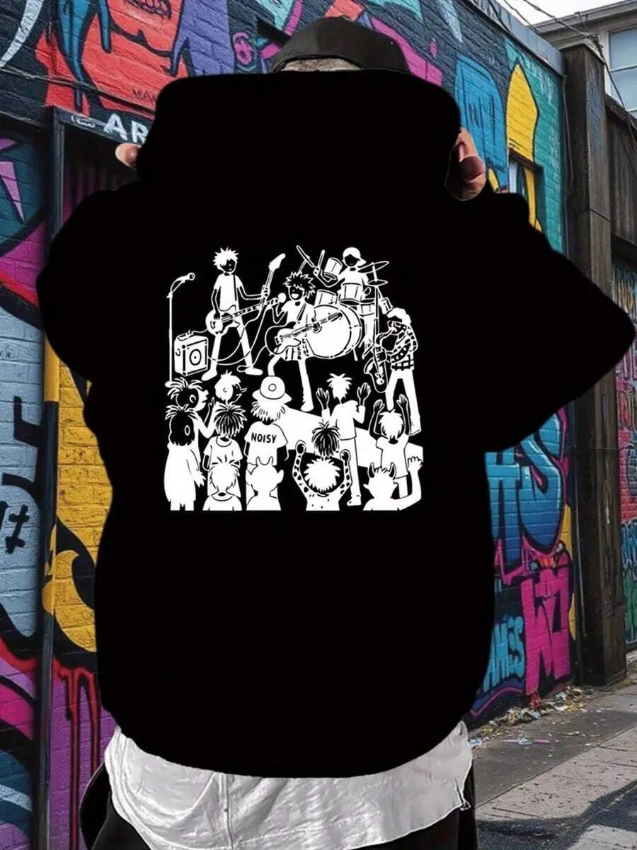 Men'S Casual Graphic Hoodie - Cherry Blossom & Band Print, Black Pullover With Pocket, Y Spring & Fall Hooded Sweatshirt For Casual Attire,Fall Hoodies,Men's Fall Clothes,Street Wear,Halloween,Mens Hoodies,Y2k Clothes,Jesus Hoodie,Thanksgiving Day,Nightmare Before Christmas,Christmas - 黑色 - 查看 1