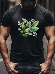 Green Botanical Illustration Leafy Branch Natural Wall Art Decor, Soft Touch T- Shirt, Camisa De Hombre, Comfortable And Breathable For Skating Or Outdoor Activities, Casual T-Shirt Graphic Tees, 100 Percent Cotton Shirts, White Street Graphic Tees, Men's T-Shirt, Funny Graphic Vintage T Shirts, S-XXXL - Black - 4 - View 2