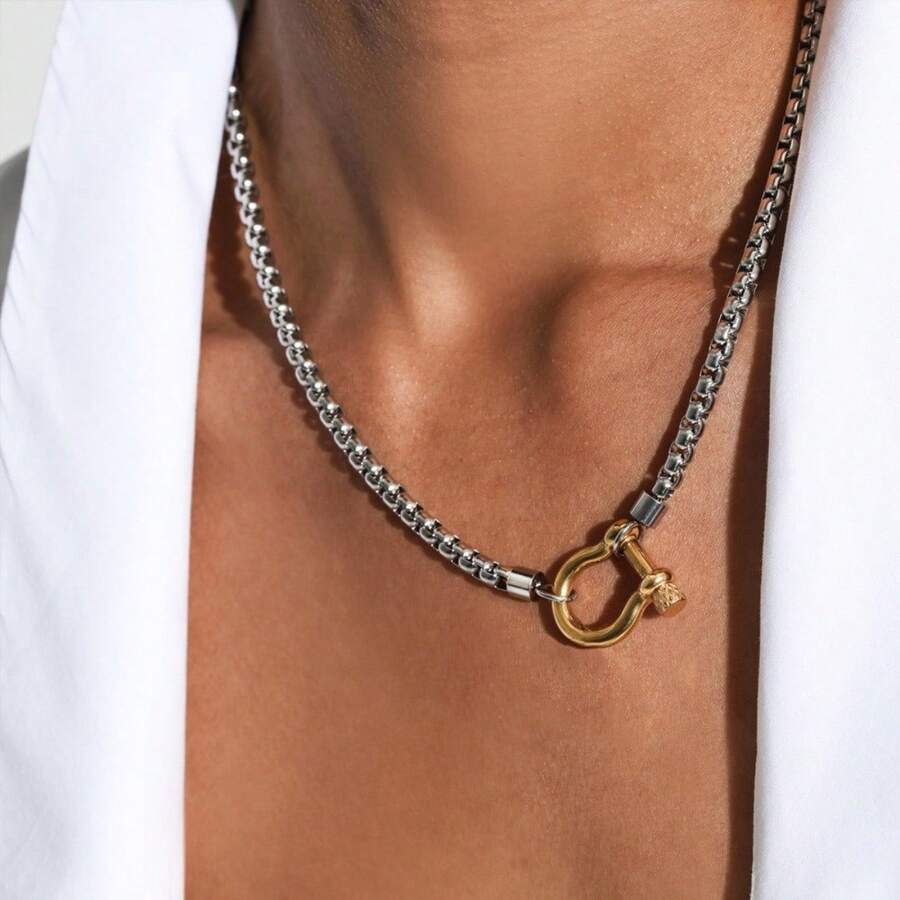 1 Pc/Set Fashionable Luxury-Style Personalized Clasp Necklace With Stainless Steel Box Chain Minimalist And Sophisticated, Suitable For Both Men And Women. Ideal As A Gift, For Everyday Wear, Or For Various Occasions Such As Banquets, Parties, And Music Festivals. - 1 - Xem 1