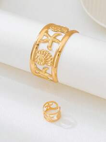 2 件时尚海星和贝壳手链和戒指套装，适合女性派对和日常佩戴 - 金黃色 - 查看 5