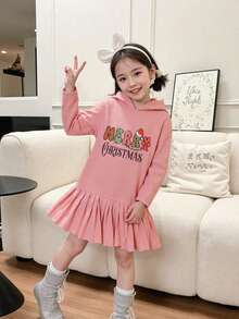 Young Girl' Cute Christmas Bunny Ear Hooded Dress, Spreading Christmas Cheer! Pink Bunny Ear Hoodie Dress, Christmas Themed Prints, Suitable For Christmas Party And Daily Wear In Autumn/Winter - Red Violet - View 7