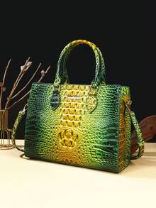 3-Piece Set: Colorful Crocodile Pattern Large Capacity Faux Leather Tote & Crossbody Bags With Matching Wallet Combo - 7#黃+綠色 已選中 - 查看 3