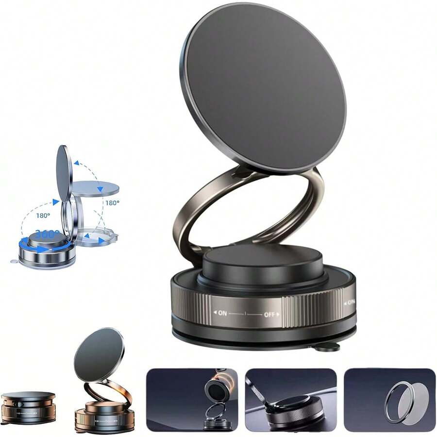 Vacuum Magnetic Car Phone Holder 360 °   Adjustable Foldable Portable Magnetic Phone Holder For Car For Car/Gym/Mirror/Smooth Surface Suction Cup Phone Mount Compatible For All Smartphones (Black) - màu đen - Xem 1