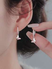 1 par de pendientes de mariposa de plata de ley 925 con diamantes micro-incrustados, diseño único y elegante, adecuado para fiestas, regalos, uso diario, incluye una caja de regalo delicada - Plata con diamante rosa - Ver 4