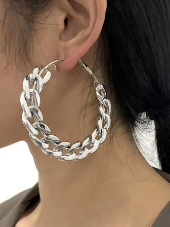 Exaggerated Heavy Metal Geometric Hoop Earrings For Women, Personalized High-End Circular Chain Earrings