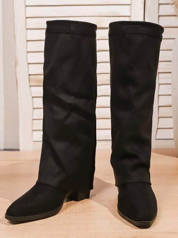 بوت كاحل نسائية ذات كعب سميك وأصبع مدبب وجذع طويل، بطراز أوروبي وأمريكي من الجلد المدبوغ، موضة الخريف/الشتاء، مناسبة للحفلات