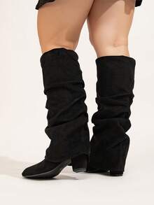 Women's Fashion Wide Width Faux Suede Tall Boots, Holiday Vacation Atmosphere, Fold-Down Shaft, Chunky Heel Knee-High Boots With Shark Buckle Decor, Sexy Outdoor High Heel Tall Boots, Wide Width Black Boots, High Heels - Black Cloth Folds - View 8