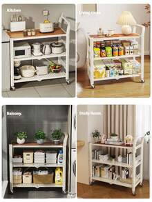 Super life 1-Pack Kitchen Utility Cart With Lockable Wheels, Multipurpose Storage Trolley, Three-Tier Microwave Table Rack With Storage Function, Removable Wheels, High Load-Bearing Capacity, Multifunctional Nightstand, Storage Rack, Organizer - White - View 8