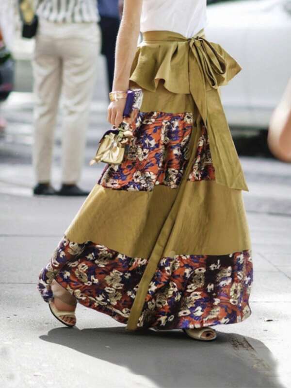 Women's Elegant Floral Print Layered Ruffle Waist Tie Long Skirt, Suitable For Autumn/Winter, Halloween, Daily And Vacation Wear