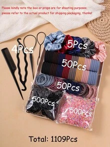 Bộ phụ kiện tóc 1109 món cho bé gái, Dây buộc tóc đuôi ngựa bằng nylon cơ bản, Dây buộc tóc bằng vải satin đen nâu, Băng đô bằng dây thun co giãn màu trung tính, Bộ dụng cụ tạo kiểu tóc tết Phụ kiện tóc hàng ngày - Nhiều màu - Xem 9