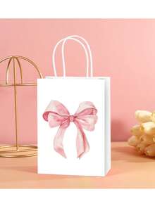 12 个时尚粉色蝴蝶结纸质礼品袋带手柄，适合女孩生日、圣诞派对、糖果袋、新娘订婚派对用品（白色，大蝴蝶结） - 彩色 - 查看 3