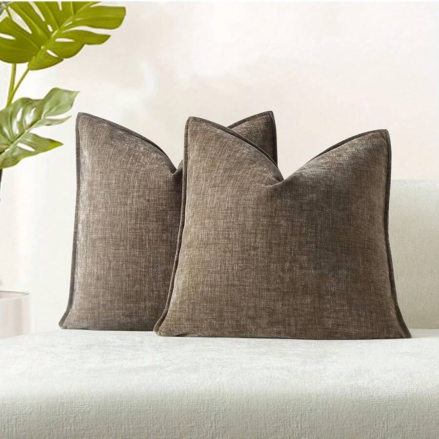 1 pieza (sin relleno de almohada) Funda de almohada lumbar de chenilla de 16x24 pulgadas, suave y texturizada, para decoración de sofá, cama y hogar, funda de cojín decorativa de color sólido - Café integral - Ver 1