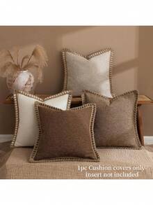 1pc (Pillow Insert Not Included) Linen-Like Rope Trimmed Throw Pillow Cover, Suitable For Living Room, Bedroom, Dining Room, Patio, Wedding Decor, All Season - Coffee - View 2