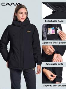 Cavva 女士保暖防水防风滑雪多口袋连帽冬装外套徒步露营登山防风夹克 - 黑色 - 查看 5