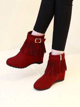 2025 Autumn/Winter New Women Short Boots, Wedge Heel Fringe Short Shaft Boots, Black Thermal Lined, Elevator Boots For Petite Women