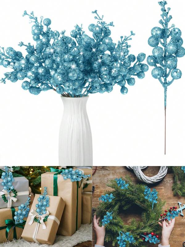 12 piezas - Ramas de bayas artificiales con brillo de color azul cielo, tallos de bayas con brillo para Navidad, bayas artificiales falsas con brillo, ramas de bayas rojas artificiales, decoraciones de árbol de Navidad con núcleo de flor de espuma, para guirnalda de árbol de Navidad, manualidades DIY, decoración de árbol de Navidad