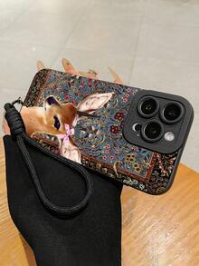 1pc Deer Print Lanyard Phone Case, Vintage Style Black Deer & Floral Pattern Printed Phone Protective Case + 1pc Black Phone Lanyard + 1pc Transparent Phone Pad, Suitable For Those Who Love Animal Elements And Unique Artistic Atmosphere, Suitable For Outdoor Travel And Running To Wear Safely Without Dropping The Phone Case, Fashionable Retro Matte Anti-Fall Full-Edged Protective Camera TPU Soft Phone Case