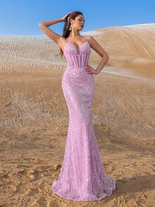 Elisanya Hochelegantes Abendkleid mit Spaghettiträgern, Perlen und Pailletten im Meerjungfrauenschnitt, elegant für Frühling, Sommer, Herbst - Roter Teppich, Hochzeitsempfang, Gala, Schwarze Krawatte Veranstaltung, Promi-Party