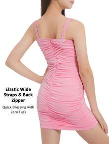 EXARUS Girls Bodycon Dress Ruched Spaghetti Strap Mini Bodycon Pencil Skirt Prom Party 8-14 Years Old - 35 màu hồng - Xem 4