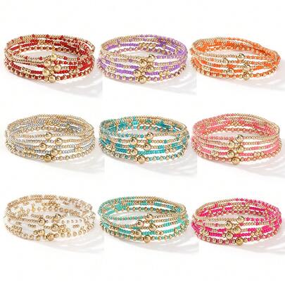 5pcs/Set Women's Bracelet & Bangle Set, Bohemian Style Colorful Glass Beads/2/3/4mm Metal Copper Beads, Stackable, Suitable For Women's Daily Wear, 2025 Valentine's Day Gift For Best Friends