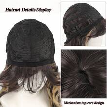 Peluca sintética con flequillo, fibra resistente al calor, mujer, color marrón oscuro con reflejos dorados, onda de agua, postizo para uso diario, fiestas y Halloween