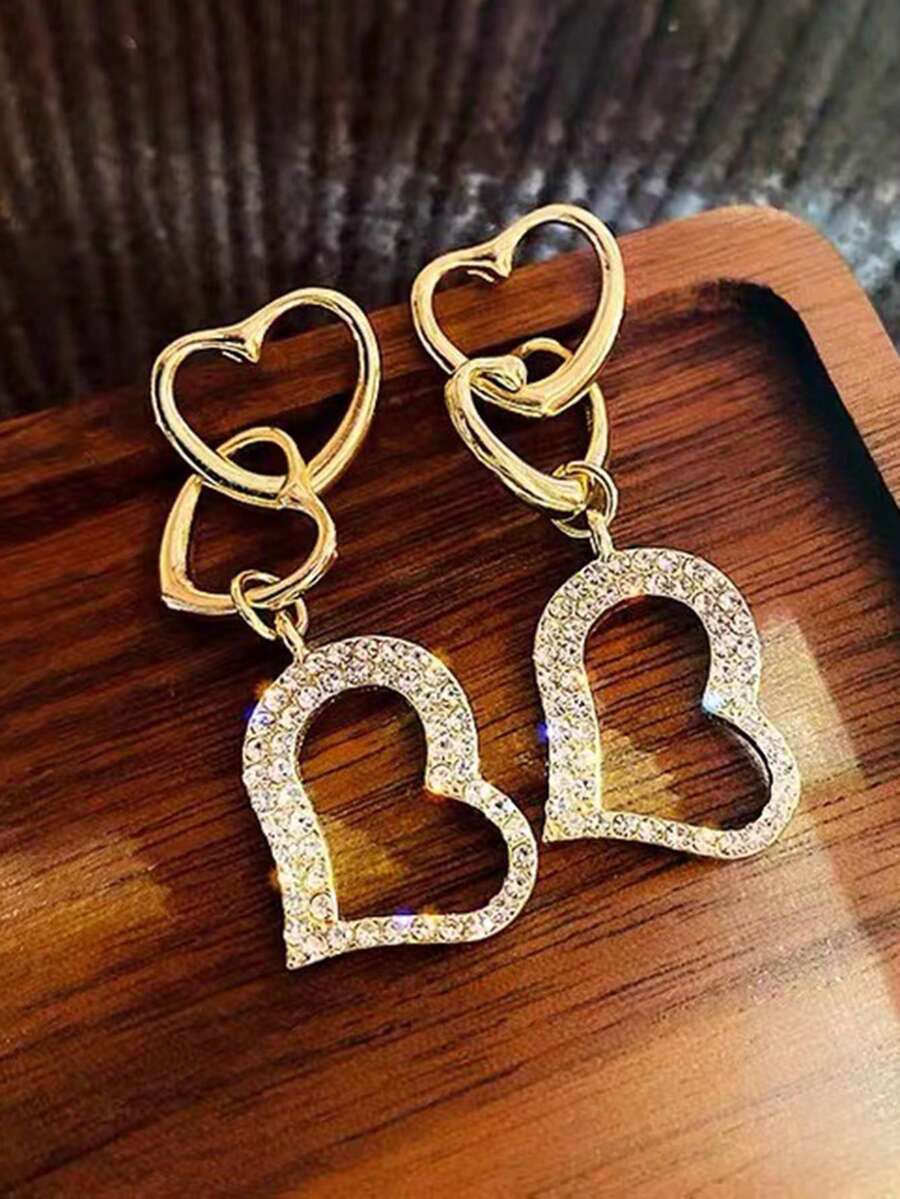 1 Paar kreative, komplett mit Strass besetzte, Cut Out herzförmige Ohrringe, modische hochwertige tropfenförmige lange Ohrringe