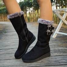 女士中筒雪地靴，加厚保暖内衬，坡跟，保暖柔软材质，侧拉链，圆头，多功能户外靴（鞋口和鞋长偏小一码） - 黑色 - 查看 17