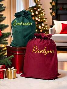 Personalized Custom Christmas Bag, Velvet Christmas Bag, Christmas Eve Gift Box, Large Capacity Christmas Bag, Printed With Name And Initial, Christmas Party Gift Bag