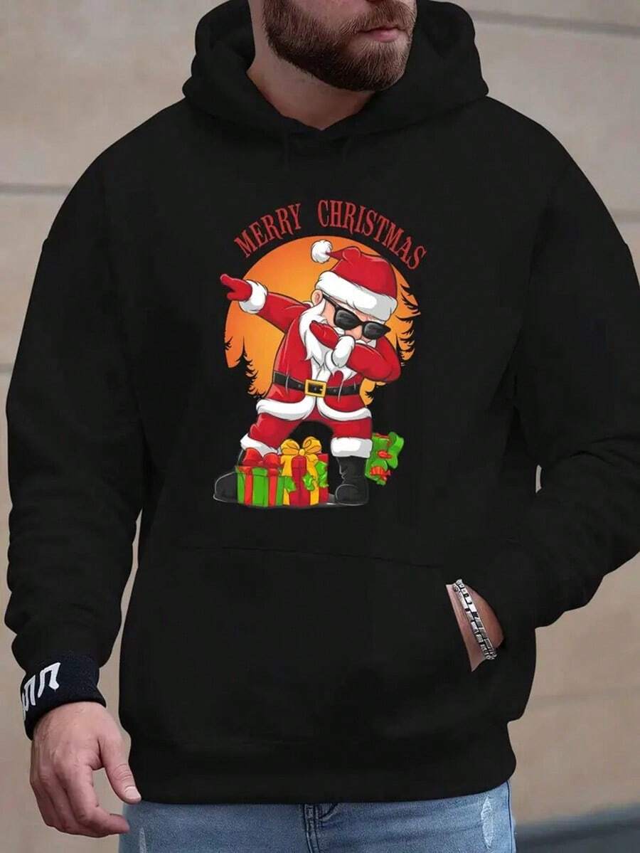 Cozy Graphic Hoodie For Men - Plush Pullover With  Pocket, Long Sleeve, Casual Winter Fashion, Polyester Blend, Oversized Hoodie, Youth, Autumn, Printed Top, Men's Clothing, Conventional Version, Leisure Style, Winter,Fall Hoodies,Men's Fall Clothes,Street Wear,Halloween,Mens Hoodies,Y2k Clothes,Jesus Hoodie,Thanksgiving Day,Nightmare Before Christmas,Christmas - Black - View 1