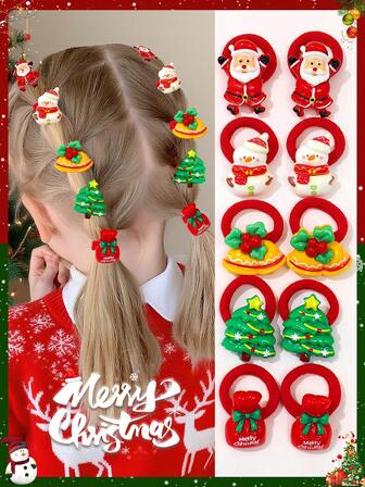 Set de 10 scrunchies navideños para niñas - Diseños de Papá Noel, árbol de Navidad, muñeco de nieve, adecuados como regalo de Navidad, Año Nuevo para niñas