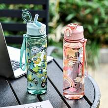 Vaso de pajita con diseño de dibujos animados de moda, estilo playa y arcoíris, perfecto para viajes al aire libre, adecuado para camping y picnics, de gran capacidad y portátil, ideal para la temporada de vuelta al colegio y como regalo para mantenerse hidratado.