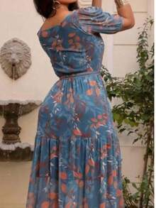 Long Tulle Dress With Square Neck And Short Sleeves - Azul - Ver 3