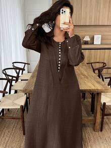 UrbanChic 腰线双层门襟超大开衩裙摆长连衣裙，适合返校、外出、浪漫假日、夏季假日、婚礼及活动、度假、海滩、春假等场合。 - 咖啡棕 - 查看 5