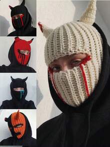 1pc Unisex Multi-Color Horn Balaclava Hat With Blood Stains Mask Warm Knitted Ski Cap Novelty Halloween Party Face Cover - 口罩款 - 查看 8