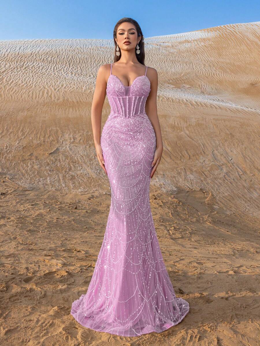Đầm dạ hội đuôi cá thanh lịch, quyến rũ với dây đeo mảnh, đính cườm và sequin, phù hợp cho các dịp trang trọng mùa xuân, hè và thu - thảm đỏ, tiệc cưới, dạ tiệc, sự kiện thắt cà vạt đen, tiệc của người nổi tiếng.
