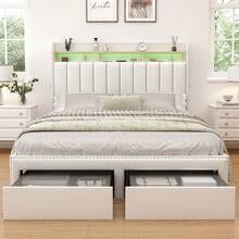 SIBEDS Queen LED Bed Frame With 2 Drawers, Modern Platform Twin Beds With 2 Tier Upholstered Storage Wingback Headboard, Channel Tufted Queen Size Bedframe With Rivet Decor, Full Storage Bed, No Box Spring Needed, PU Leather Black White, Linen Dark Grey - PU Trắng - Xem 1