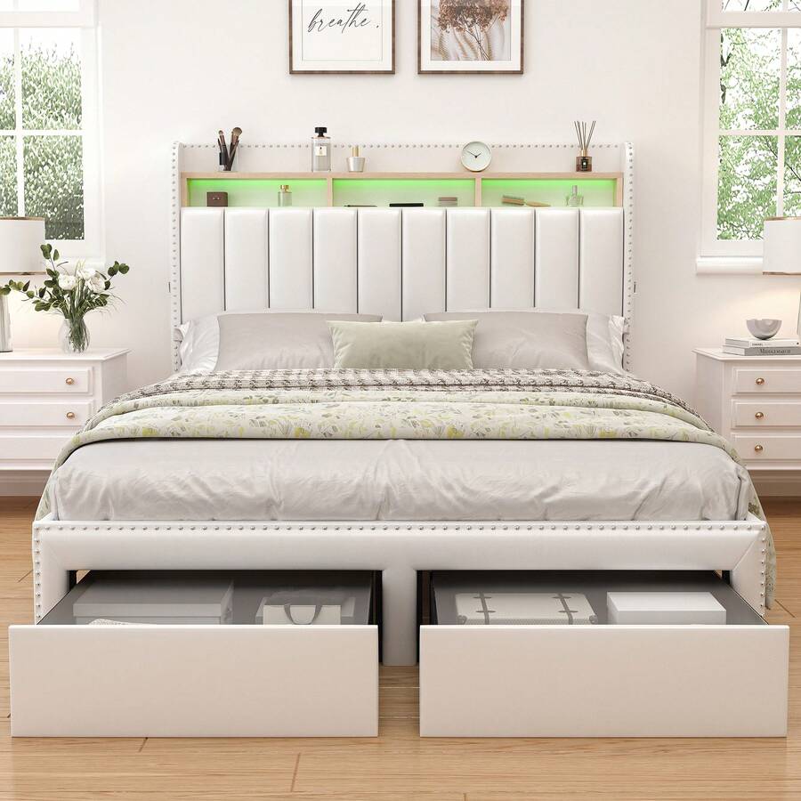 SIBEDS Queen LED Bed Frame With 2 Drawers, Modern Platform Twin Beds With 2 Tier Upholstered Storage Wingback Headboard, Channel Tufted Queen Size Bedframe With Rivet Decor, Full Storage Bed, No Box Spring Needed, PU Leather Black White, Linen Dark Grey - PU Trắng - Xem 1