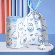 1 卷随机可爱卡通兔子抽绳垃圾袋，加厚印花手柄，适用于幼儿园尿布处理、婴儿垃圾清理、多用途一次性垃圾袋（约 50 个）