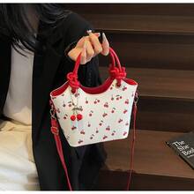 Cherry Print Tote Bag For Women, Fashionable Shoulder Sling Bag, Large Capacity Commuter Handbag With Free Cherry Keychain - Đỏ - Xem 7